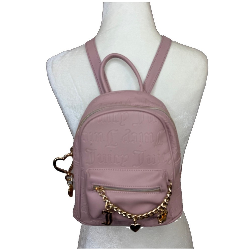 Juicy Couture Dusty Pink Mini Backpack Embossed Logo Gold Charm Chain Bling Y2K